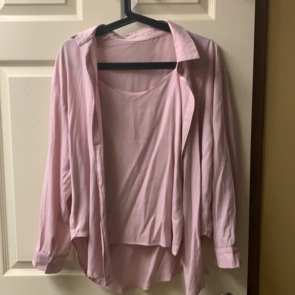 Pink button shirt and tank top set